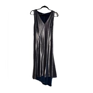NWT AKRIS | Midi Dress | Size 8 | Metallic Lamé | Iridescent Blue | Asymmetrical